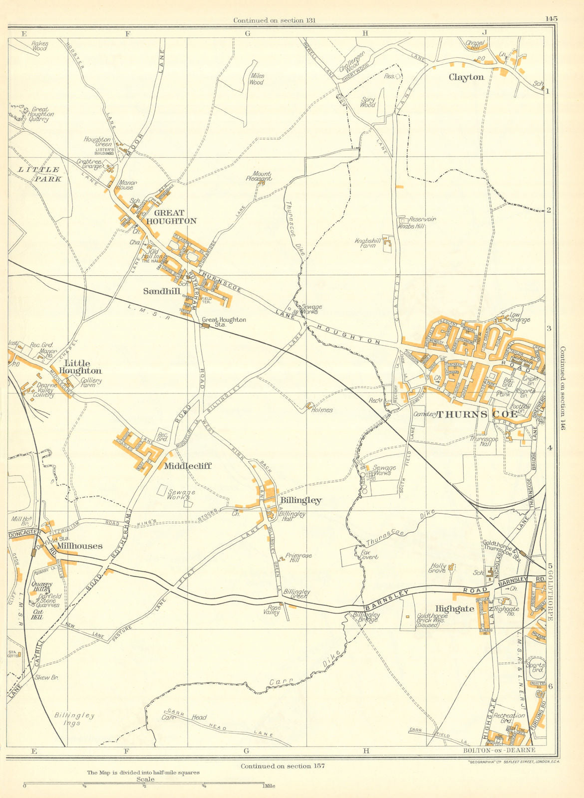 THURNSCOE Clayton Billingley Middlecliffe Great Houghton Goldthorpe 1935 map